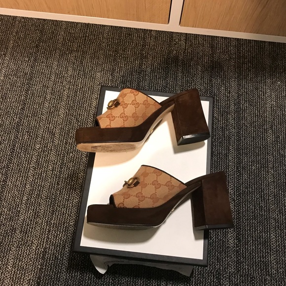 Authentic Gucci Brown GG Mid-heel Suede Mules Platforms - Picture 3 of 10